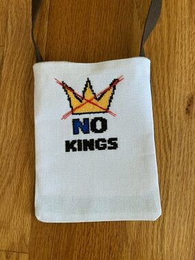 NEW hand sewn White Cross-Stitch 'NO KINGS' Shoulder Bag